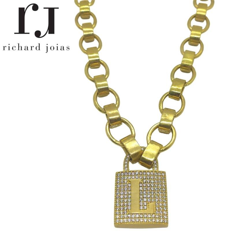 CORRENTE DE MOEDA 45CM C/ PINGENTE DE CADEADO LETRA L 2,5 X 4,0 E ELO 1,5 X 2,8 LISO