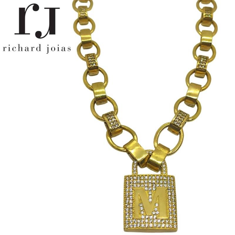 CORRENTE DE MOEDA 45CM C/ PINGENTE DE CADEADO LETRA M 2,5 X 4,0 E ELO 1,5 X 2,8 MISTO