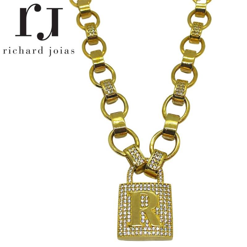 CORRENTE DE MOEDA 45CM C/ PINGENTE DE CADEADO LETRA R 2,5 X 4,0 E ELO 1,5 X 2,8 MISTO