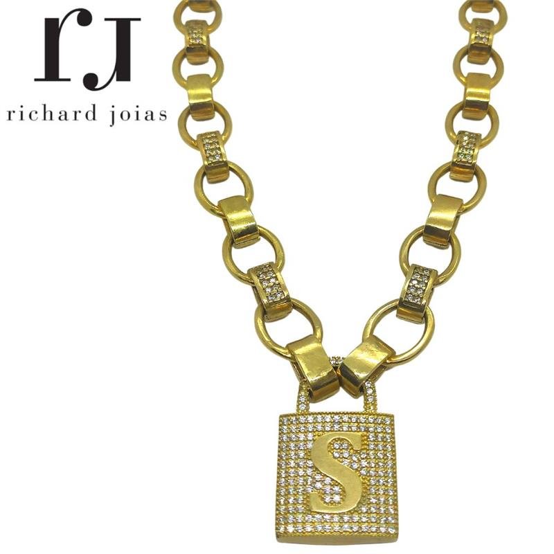 CORRENTE DE MOEDA 45CM C/ PINGENTE DE CADEADO LETRA S 2,5 X 4,0 E ELO 1,5 X 2,8 MISTO