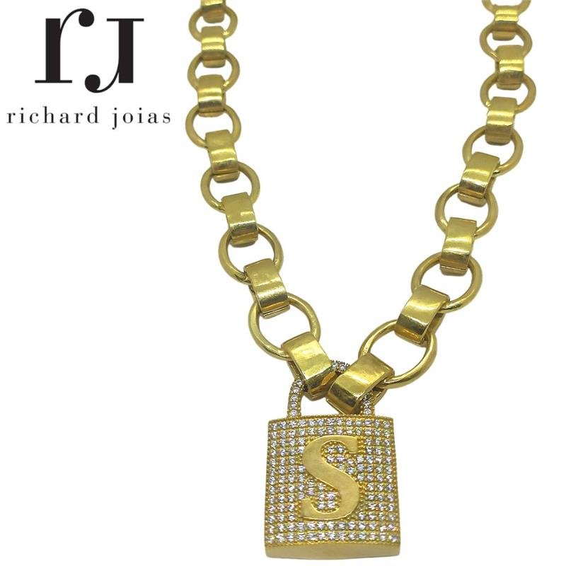 CORRENTE DE MOEDA 45CM C/ PINGENTE DE CADEADO LETRA S 2,5 X 4,0 E ELO 1,5 X 2,8 LISO