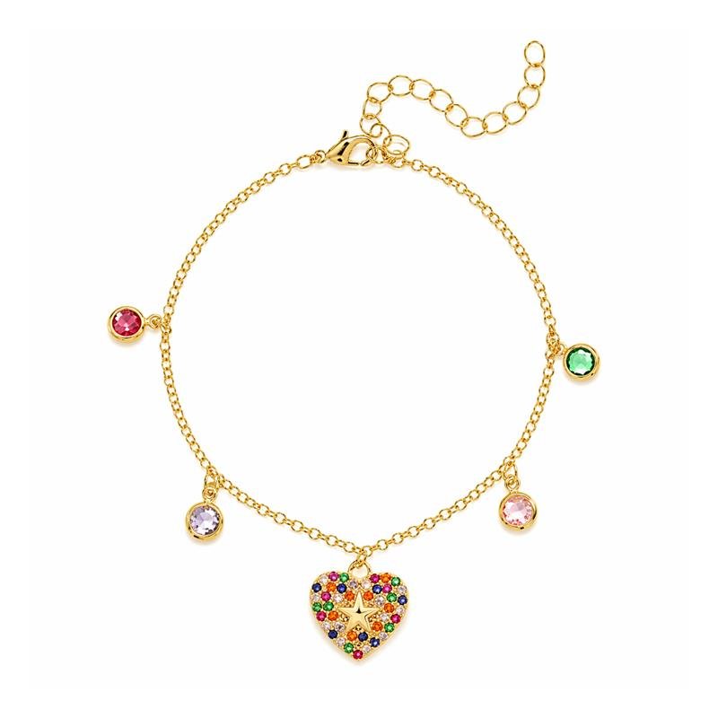 PULSEIRA FOLHEADO A OURO CORAÇÃO CRAVEJADO COLORIDO 16CM+5CM