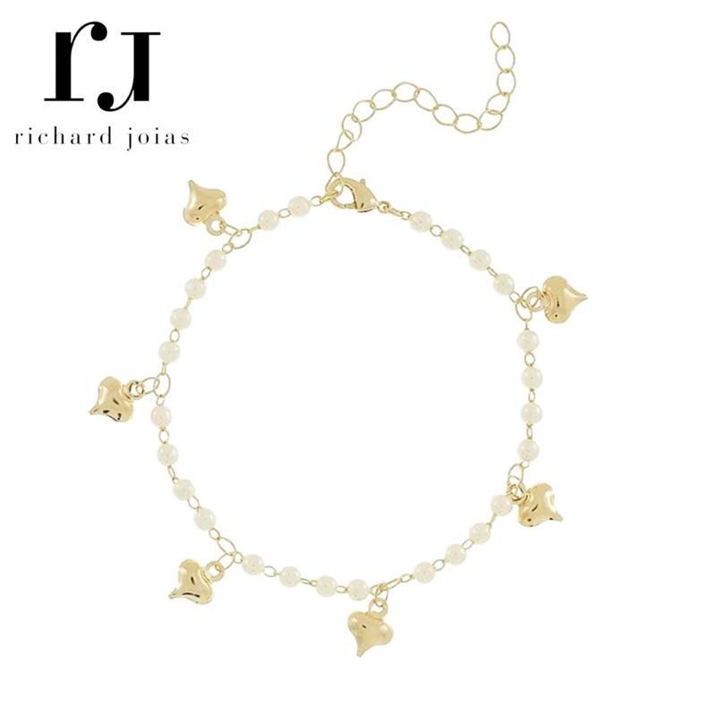 PULSEIRA FOLHEADO A OURO CORAÇÕES E PÉROLAS 17CM+5CM