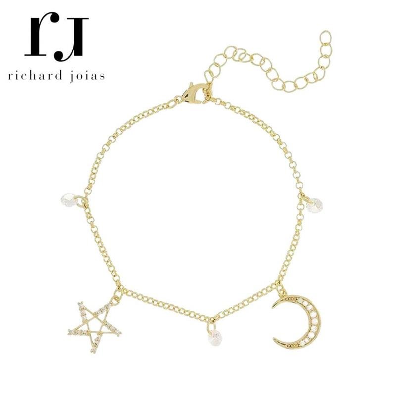 PULSEIRA FOLHEADO A OURO LUA E ESTRELA CRAVEJADAS 16CM+5CM