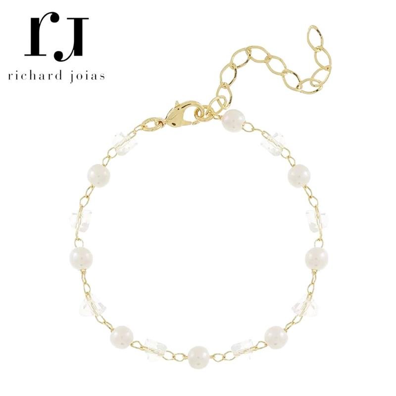 PULSEIRA FOLHEADO A OURO PÉROLAS E PEDRINHAS CRISTAL15CM+5CM