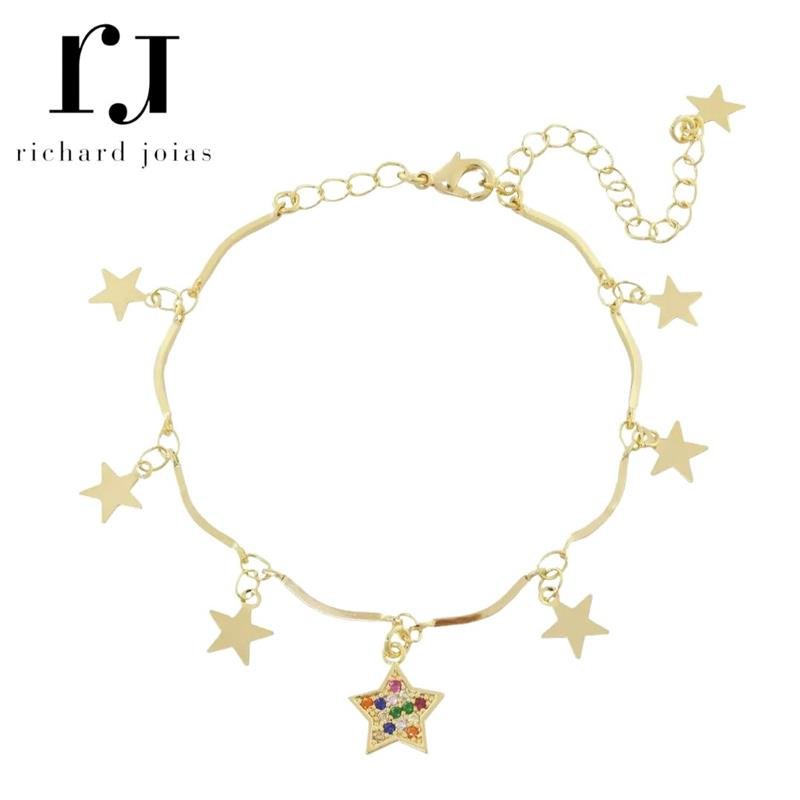 PULSEIRA FOLHEADO A OURO ESTRELAS E 01 COLORIDA 15CM+5CM