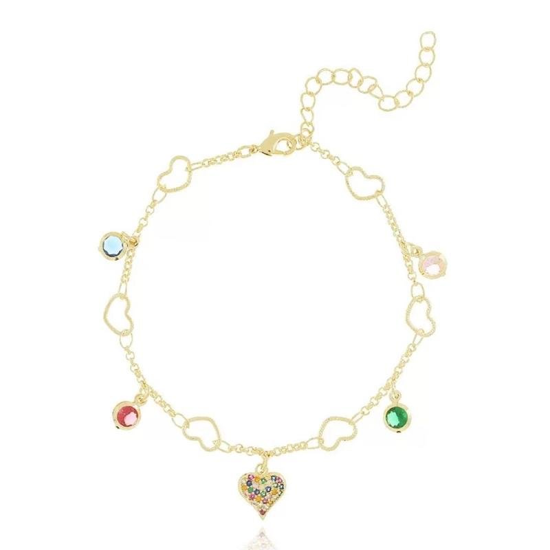 PULSEIRA FOLHEADO A OURO CORAÇÃO E PONTOS DE LUZ COLORIDOS 17CM+5CM