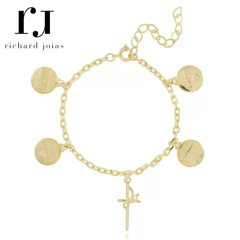 PULSEIRA FOLHEADO A OURO FÉ C/ PINGENTES 22CM