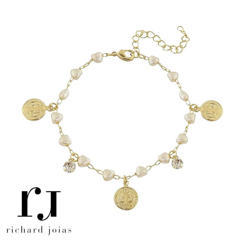 PULSEIRA FOLHEADO A OURO (ACABOU ESTOQUE) PÉROLAS DE CORAÇÃO C/ PINGENTES SÃO BENTO 16CM+CM