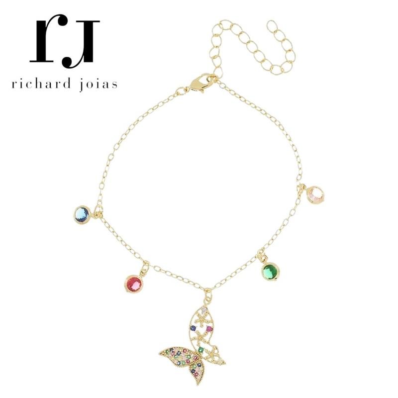 PULSEIRA FOLHEADO A OURO BORBOLETA COLORIDA 16CM+5CM