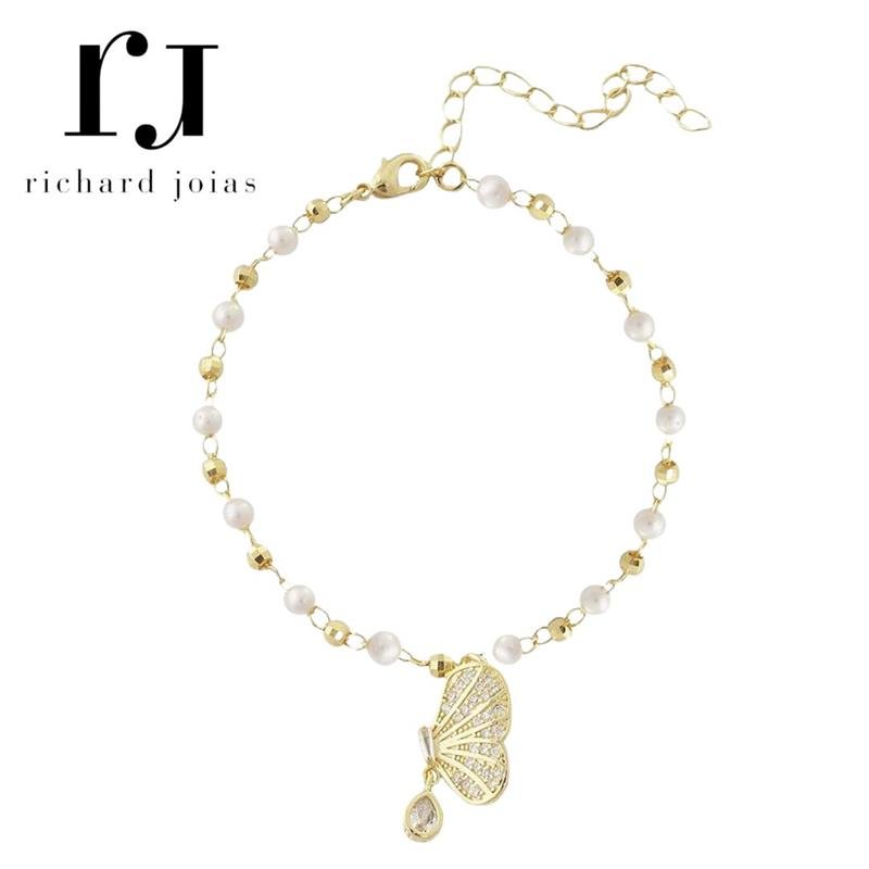 PULSEIRA FOLHEADO A OURO MINI PERÓLAS E BORBOLETA CRAVEJADA 16CM+5CM