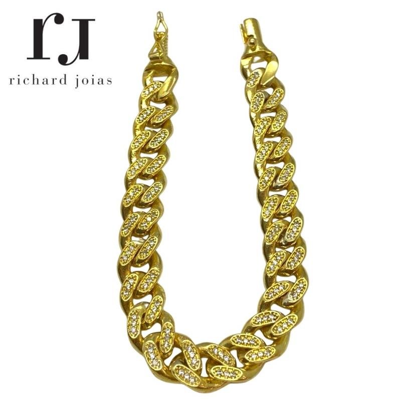 PULSEIRA DE MOEDA GRUMET 19 CM COMPRIMENTO E 10 MM LARGURA CRAVEJADA DE PEDRAS