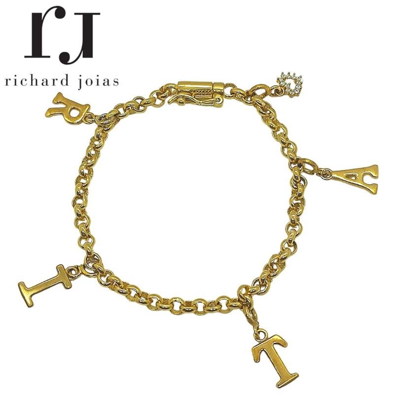 PULSEIRA DE MOEDA PORTUGUESA 21 CM E 3 MM C/04 PINGENTES LETRA E CORAÇÃO CRISTAL