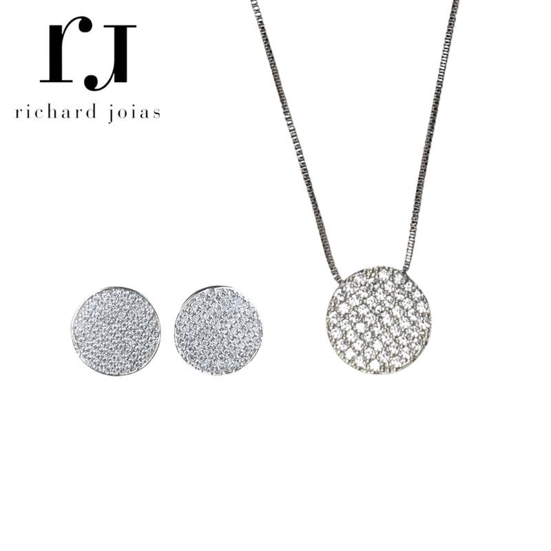 CONJUNTO DE PRATA 925 C/ PINGENTE REDONDO GRANDE+BRINCO+CORRENTE VENEZIANA 45CM