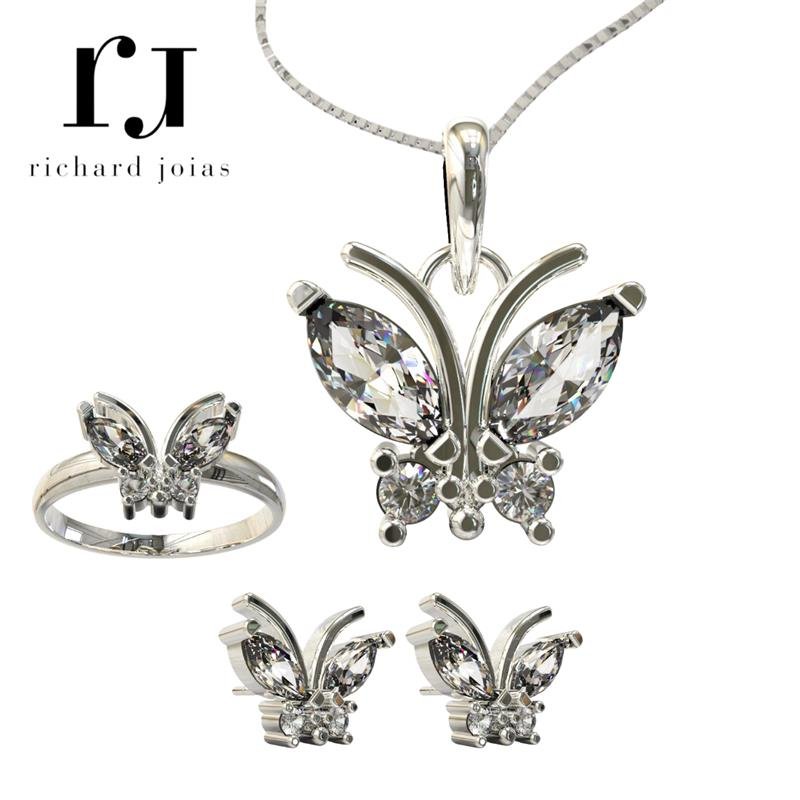 CONJUNTO DE PRATA 925 C/ PINGENTE+ANEL+BRINCO BORBOLETA+CORRENTE VENEZIANA 45CM