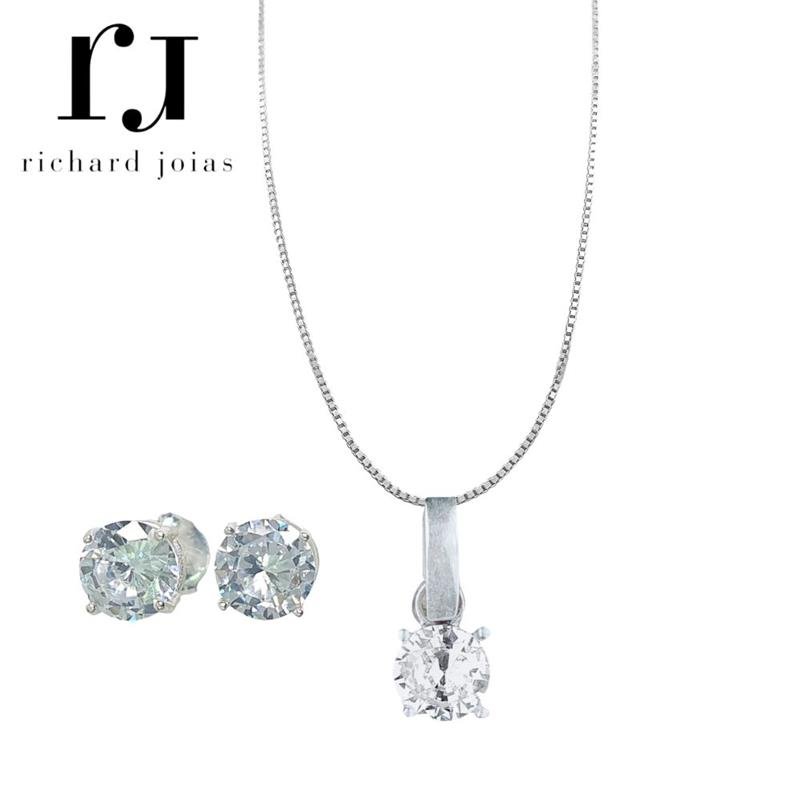 CONJUNTO DE PRATA 925 C/ PINGENTE REDONDO 6,0MM+BRINCO6,0MM+CORRENTE VENEZIANA 45CM