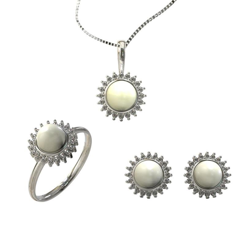 CONJUNTO DE PRATA 925 C/ PINGENTE+ANEL+BRINCO PÉROLA+CORRENTE VENEZIANA 45CM