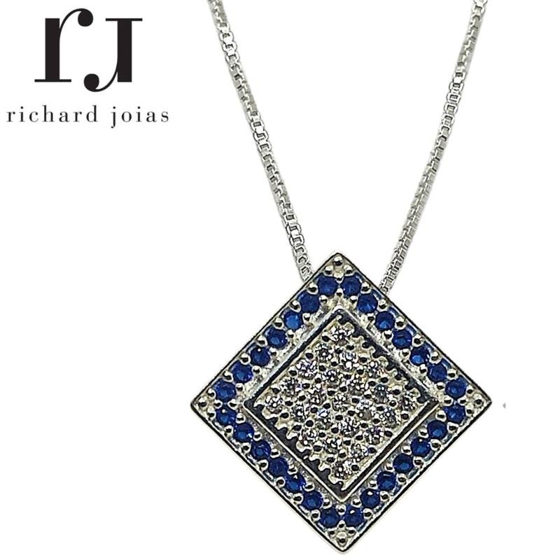 CONJUNTO DE PRATA 925 LOSANGO C/CORRENTE VENEZIANA 45CM E 50 PEDRAS CENTRO CRISTAL MUDA COR LATERAL