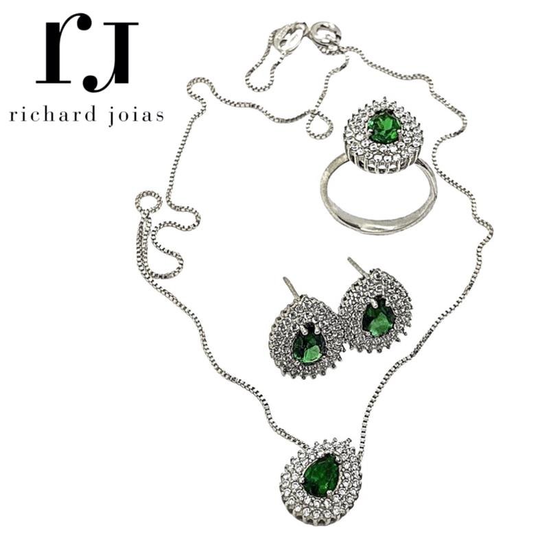 CONJUNTO DE PRATA 925 C/ ANEL GOTA + PINGENTE GOTA + BRINCO GOTA+ CORRENTE VENEZIANA DE 45CM