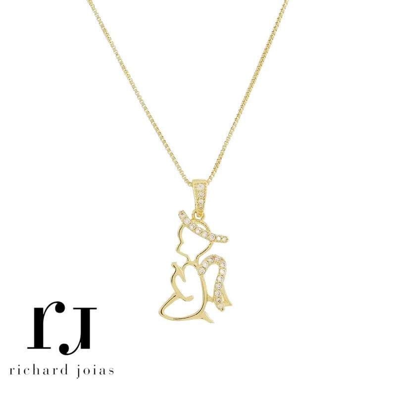 CONJUNTO FOLHEADO A OURO C/ CORRENTE VENEZIANA 45CM+5CM E PINGENTE ANJO CRAVEJADO