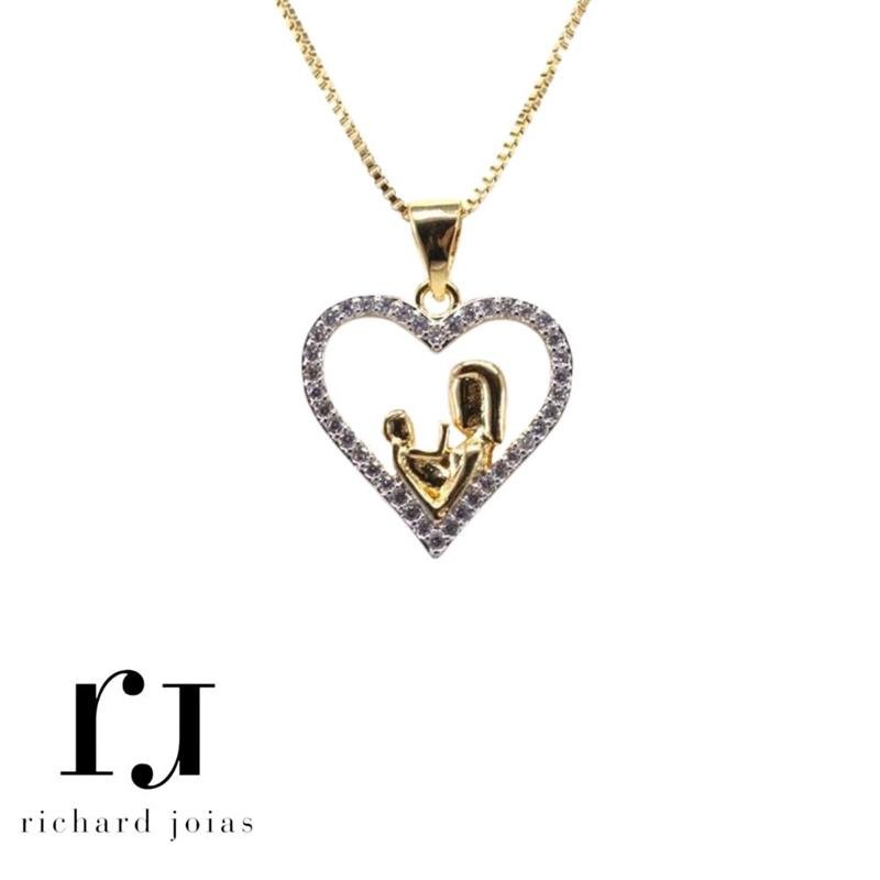 CONJUNTO FOLHEADO A OURO C/ CORRENTE VENEZIANA 40CM+5CM E PINGENTE CORAÇÃO CRAVEJADO MAMÃE E BEBÊ