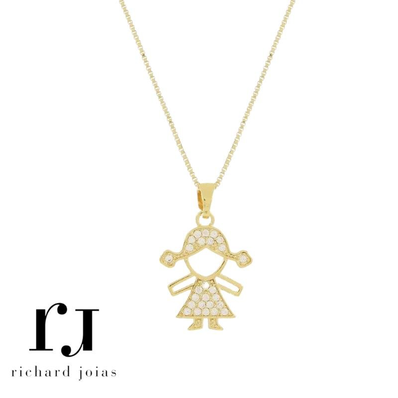 CONJUNTO FOLHEADO A OURO C/ CORRENTE VENEZIANA 45CM+5CM E PINGENTE MENINA CRAVEJADO