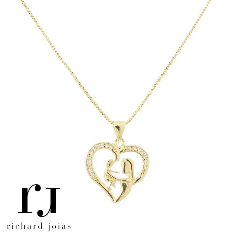 CONJUNTO FOLHEADO A OURO C/ CORRENTE VENEZIANA 45CM+5CM E PINGENTE CORAÇÃO MAMÃE E FILHO