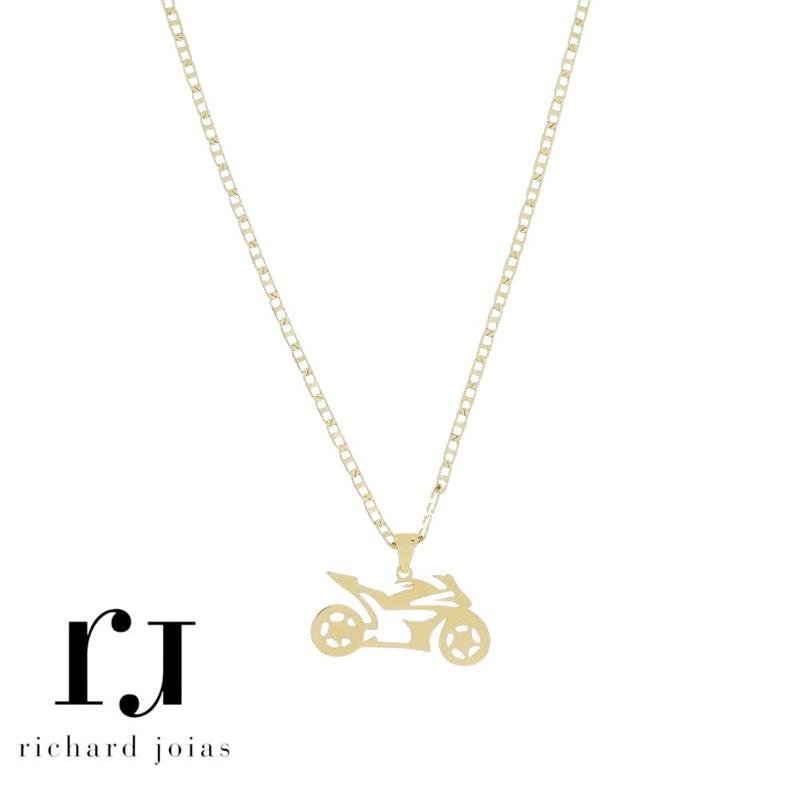 CONJUNTO FOLHEADO A OURO MASCULINO C/ CORRENTE 60CM E PINGENTE MOTO