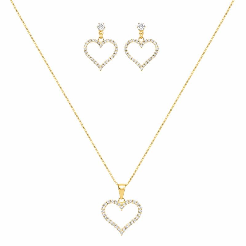 CONJUNTO FOLHEADO A OURO CORAÇÃO VAZADO CRAVEJADO C/ CORRENTE VENEZIANA 45CM+5CM