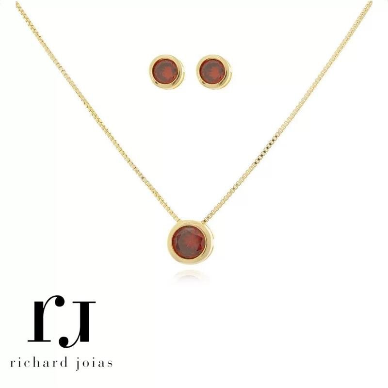 CONJUNTO FOLHEADO A OURO PONTO DE LUZ 6MM LARANJA C/ CORRENTE VENEZIANA 40CM+5CM