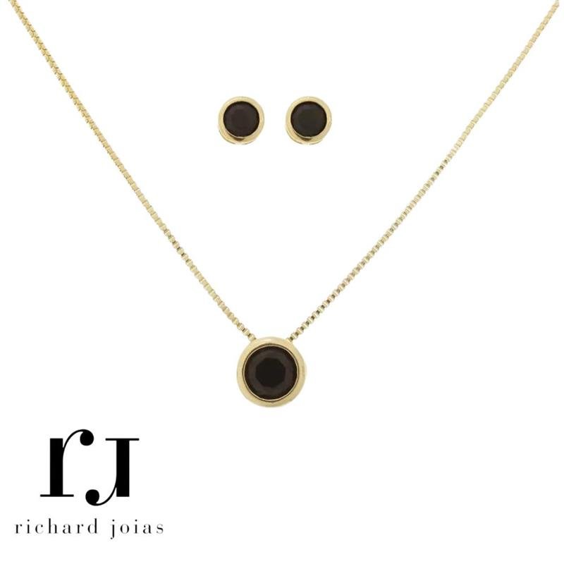 CONJUNTO FOLHEADO A OURO PONTO DE LUZ 6MM C/ CORRENTE VENEZIANA 40CM+5CM