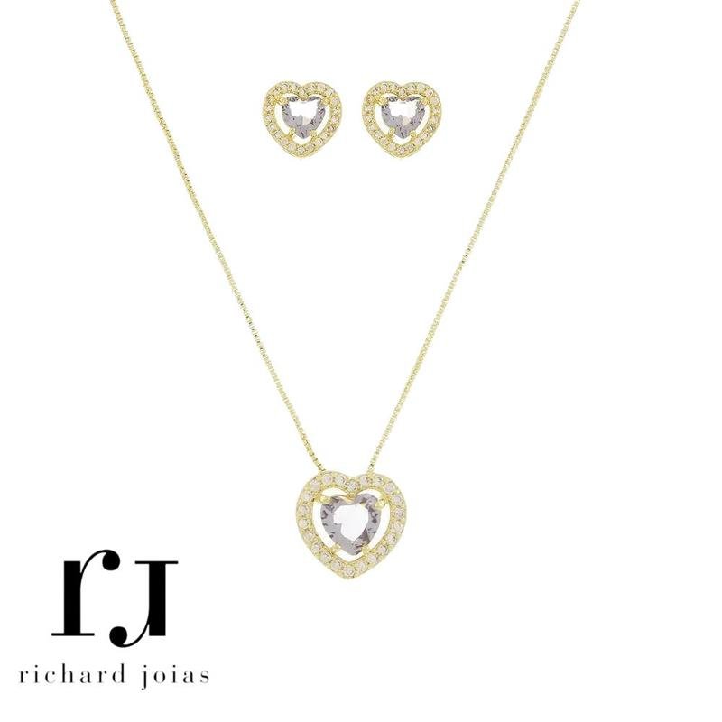 CONJUNTO FOLHEADO A OURO CORAÇÃO 6MM CRAVEJADO C/ CORRENTE VENEZIANA 40CM+5CM
