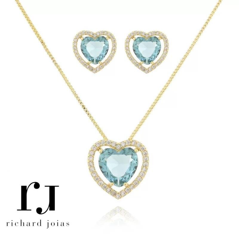 CONJUNTO FOLHEADO A OURO CORAÇÃO CRAVEJADO C/ CORRENTE VENEZIANA 45CM+5CM