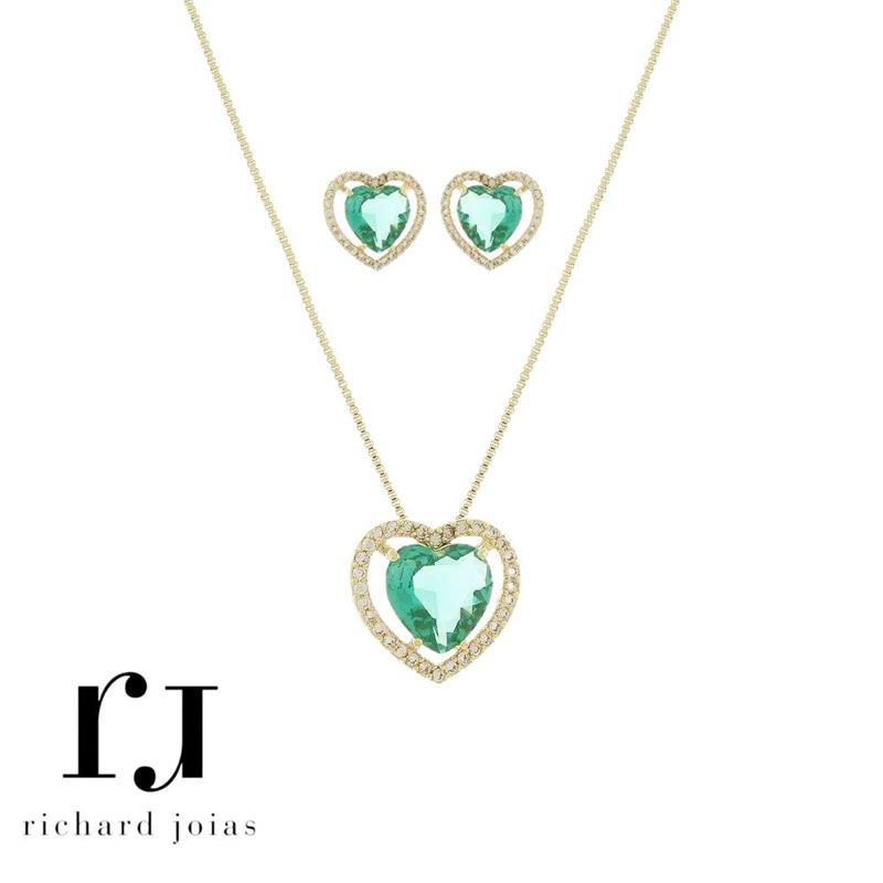 CONJUNTO FOLHEADO A OURO CORAÇÃO 10MM TURMALINA CRAVEJADO C/ CORRENTE VENEZIANA 45CM+5CM