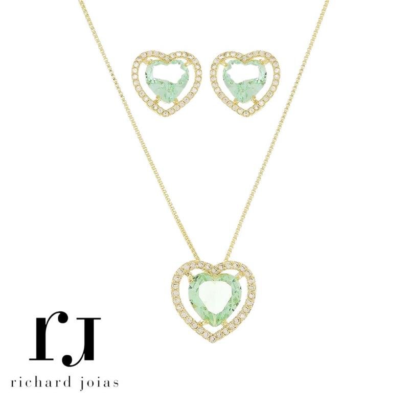CONJUNTO FOLHEADO A OURO CORAÇÃO 10MM VERDE CLARO CRAVEJADO C/ CORRENTE VENEZIANA 45CM+5CM