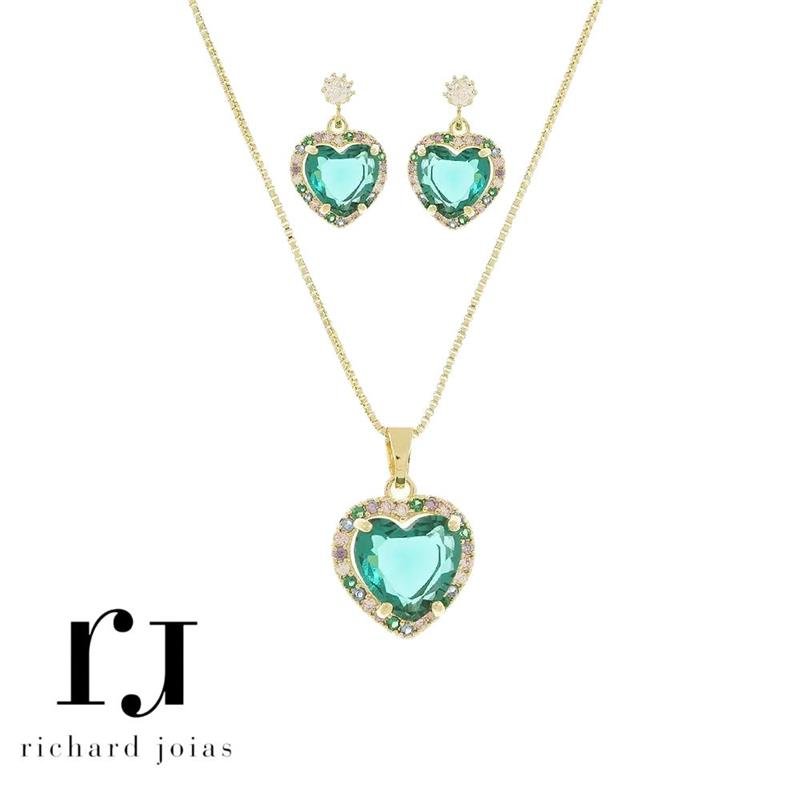 CONJUNTO FOLHEADO A OURO CORAÇÃO 10MM CRAVEJADO COLORIDO C/ CORRENTE VENEZIANA 45CM+5CM