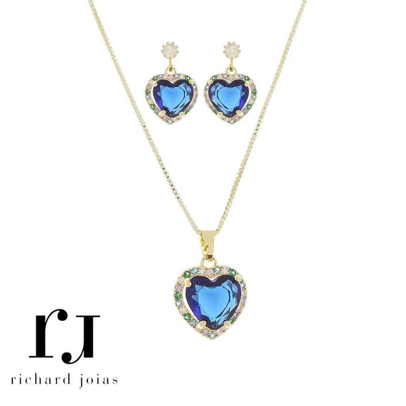 CONJUNTO FOLHEADO A OURO CORAÇÃO 10MM CRAVEJADO COLORIDO C/ CORRENTE VENEZIANA 45CM+5CM