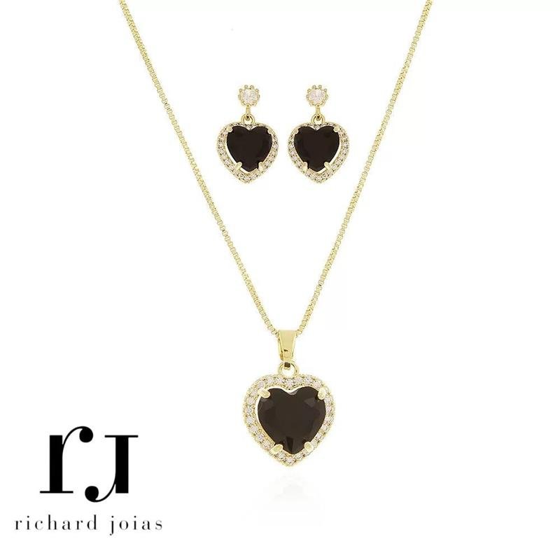 CONJUNTO FOLHEADO A OURO CORAÇÃO 10MM CRAVEJADO C/ CORRENTE VENEZIANA 45CM+5CM