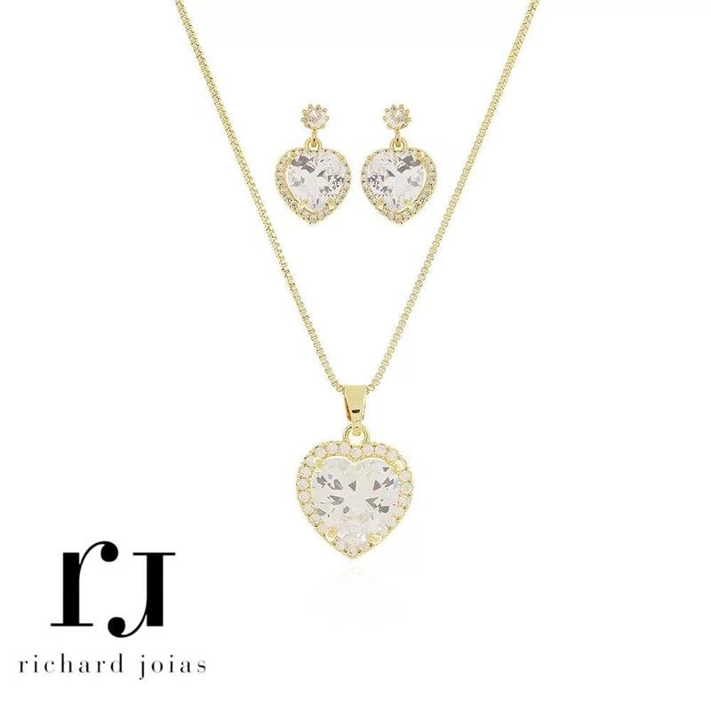 CONJUNTO FOLHEADO A OURO CORAÇÃO 10MM CRAVEJADO C/ CORRENTE VENEZIANA 45CM+5CM