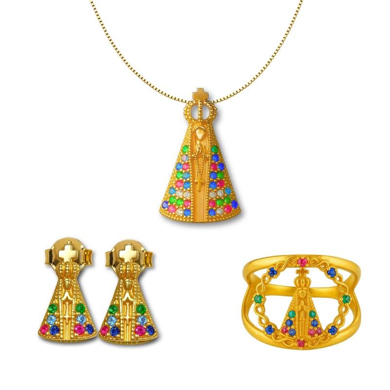 CONJUNTO DE MOEDA NOSSA SENHORA APARECIDA COLORIDO C/ PINGENTE 2,5X1,5+BRINCO+ANEL+CORRENTE VENEZIANA FOLHEADA A OURO 45