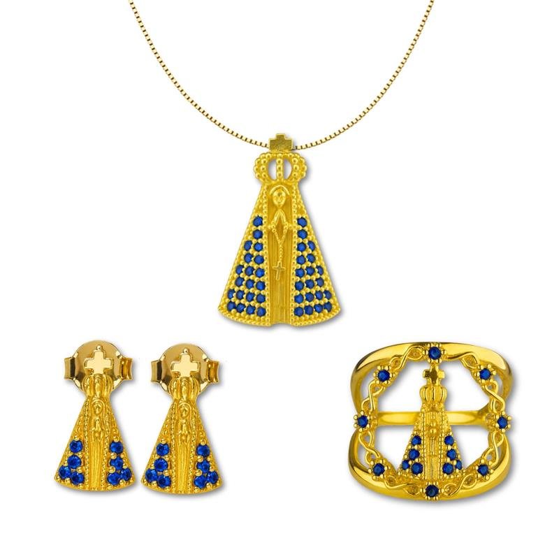 CONJUNTO DE MOEDA NOSSA SENHORA APARECIDA C/ PINGENTE 2,5X1,5+BRINCO+ANEL+CORRENTE VENEZIANA FOLHEADA A OURO 40CM
