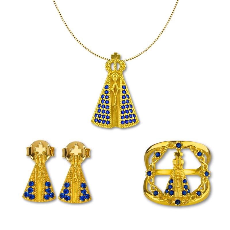 CONJUNTO DE MOEDA NOSSA SENHORA APARECIDA C/ PINGENTE 2,5X1,5+BRINCO+ANEL+CORRENTE VENEZIANA FOLHEADA A OURO 45CM