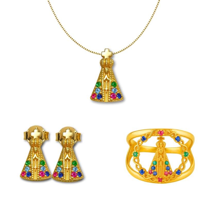 CONJUNTO DE MOEDA NOSSA SENHORA APARECIDA COLORIDO C/ PINGENTE 1,8X0,8+BRINCO+ANEL+CORRENTE VENEZIANA FOLHEADA A OURO 45