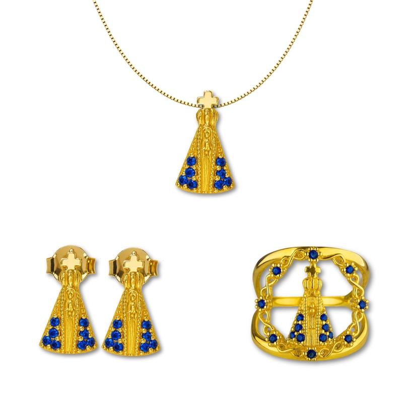 CONJUNTO DE MOEDA NOSSA SENHORA APARECIDA C/ PINGENTE 1,8X0,8+BRINCO+ANEL+CORRENTE VENEZIANA FOLHEADA A OURO 40CM