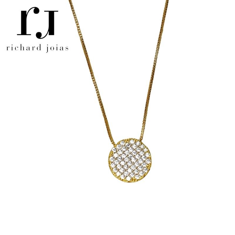 CONJUNTO DE MOEDA C/ PINGENTE REDONDO GRANDE+CORRENTE VENEZIANA FOLHEADA A OURO 45CM