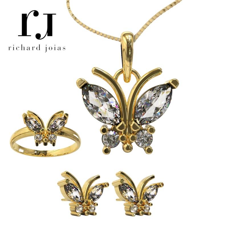 CONJUNTO DE MOEDA C/ PINGENTE+ BRINCO+ANEL BORBOLETA+CORRENTE VENEZIANA FOLHEADA A OURO 45CM