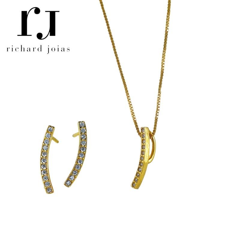 CONJUNTO DE MOEDA C/ PINGENTE LUAN+BRINCO LUAN+CORRENTE VENEZIANA FOLHEADA A OURO 40CM