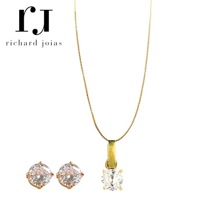 CONJUNTO DE MOEDA C/ PINGENTE REDONDO 6,0MM C/ ESPAÇADOR+BRINCO 6,0MM+CORRENTE VENEZIANA FOLHEADA A OURO 45CM