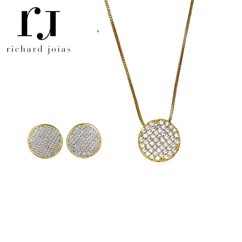 CONJUNTO DE MOEDA C/ PINGENTE REDONDO PEQUENO+BRINCO REDONDO PEQUENO+CORRENTE VENEZIANA 45CM