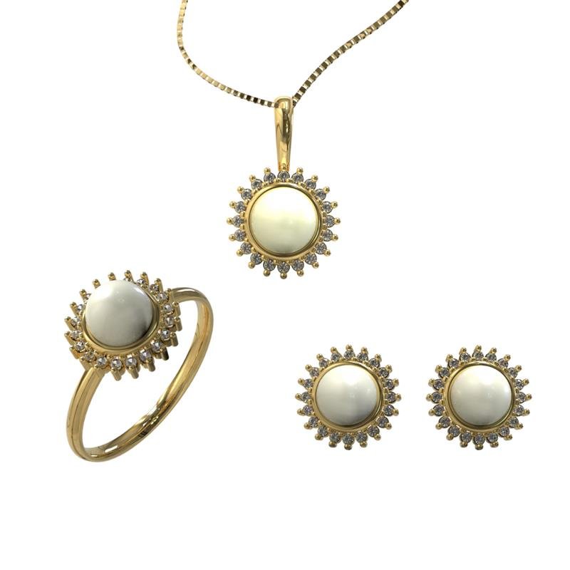 CONJUNTO DE MOEDA C/ PINGENTE+ANEL+BRINCO PÉROLA+CORRENTE VENEZIANA FOLHEADA A OURO 40CM